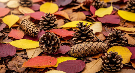 a vibrant autumn scene featuring colorful leaves and pine cones on the forest floorの素材