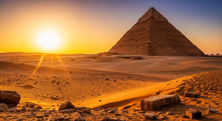 a beautiful sunset over the pyramids in the desert with a clear blue sky aboveの素材