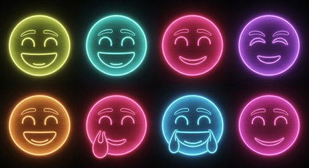 Colorful neon emoji faces glow against a black background, a digital art design.の素材