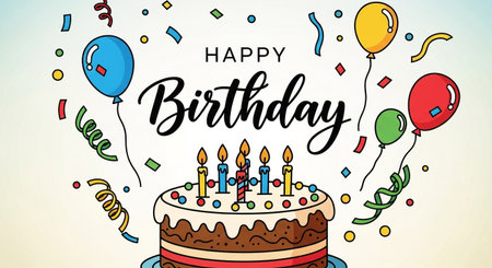 Happy Birthday greeting card with cake, balloons and confetti. Vector illustration.の素材