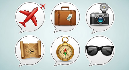 icons representing travel essentials for planning a vacation trip or adventure.の素材
