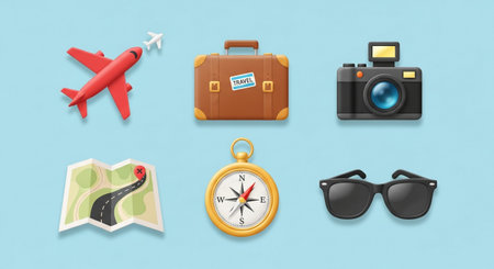 illustration of travel items including airplane suitcase camera map and sunglassesの素材