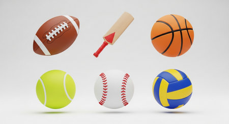 a selection of sports balls and a bat for different games and competitions. good luckの素材