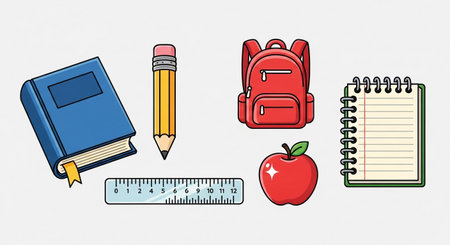 collection of school supplies including book, pencil, apple, and notebook imageの素材