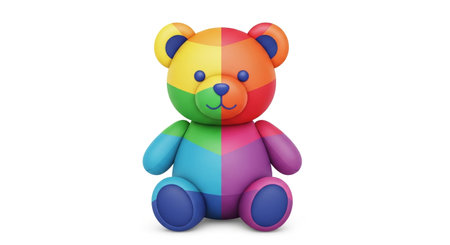 Teddy bear with rainbow colors isolated on white background. 3d rendering.の素材