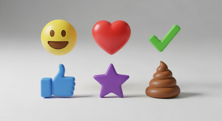 3d illustration of happy emoticons with thumbs up, rating and heartの素材