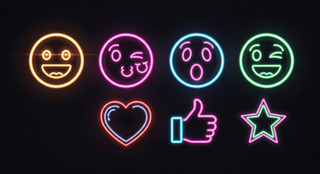 Set of neon emoticons in different colors on a black background.の素材