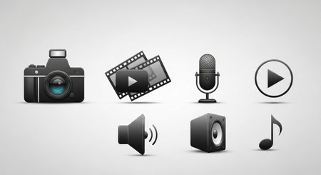 Camera, speaker, video player and speaker icons set. Vector illustrationの素材