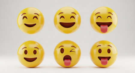 a set of six yellow emoji faces showing different happy and playful expressionsの素材