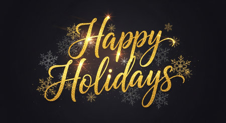 Happy Holidays gold lettering on black background. Vector illustration.の素材