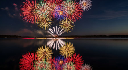 Colorful fireworks of various colors over lake with reflection on water surfaceの素材