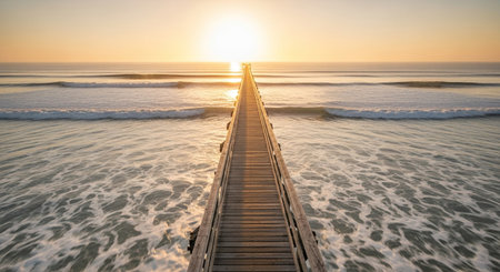 Sunset at the beach with a wooden jetty in the foregroundの素材