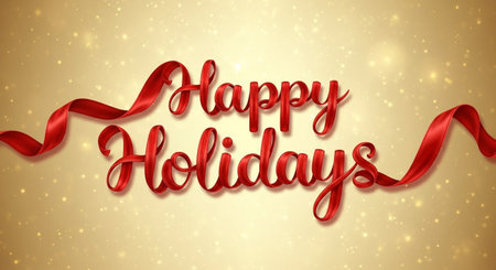 Happy Holidays lettering with red ribbon on gold background. Vector illustration.の素材