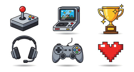 Set of video game icons in flat style. Gamepad, joystick, trophy, headphones, cup.の素材