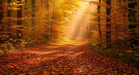 Pathway through the autumn forest with rays of light passing through the leavesの素材