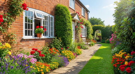 Garden with flowers and red brick house in England, UK.の素材