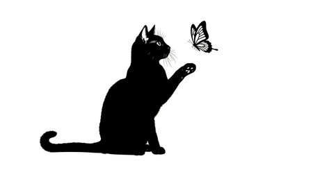 Vector silhouette of a cat with a butterfly on a white background.の素材