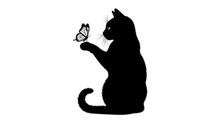 Vector silhouette of a cat sitting with a butterfly on its back.の素材