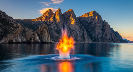 Fountain in the sea at sunset. Crimea, Ukraine, Europe.の素材