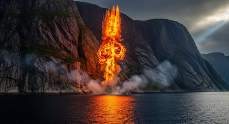Flaming volcano on the Lysefjord, Norwayの素材