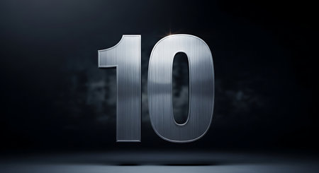 Silver number 10 (10) on dark background. 3D rendered illustration.の素材
