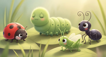3d render of caterpillars and ladybug on grass backgroundの素材