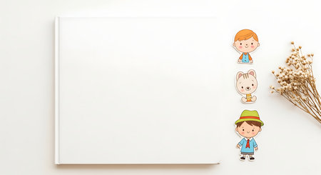 Cute kids with blank white paper on white background with copy spaceの素材