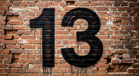 Number 13 painted on an old brick wall. Black and white.の素材