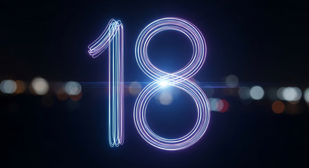 Number 18 illuminated with neon lights over night city background. 3D renderingの素材
