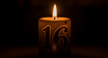 Candle with number 16 on a dark background. Selective focus.の素材