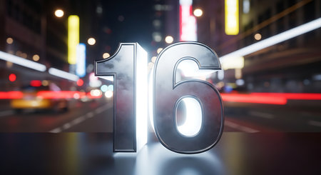 3D rendering of the number 16 with the street in the backgroundの素材