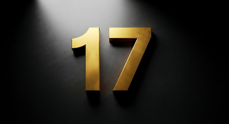 Number 17 gold on a black background. 3D illustration, 3D rendering.の素材