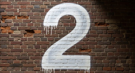 Number two painted on a brick wall with white paint splashes.の素材