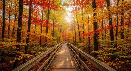 Wooden walkway in the autumn forest with colorful trees and sunlightの素材