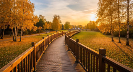 Wooden walkway in the park at sunset, autumn landscape.の素材