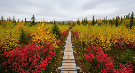 Autumn landscape with colorful trees and wooden walkway in Lapland Finlandの素材