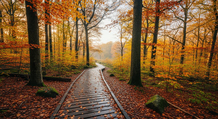 Autumn landscape with a footpath in the forest and colorful treesの素材