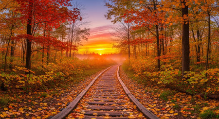 Railway in the autumn forest at sunrise. Beautiful nature landscape.の素材