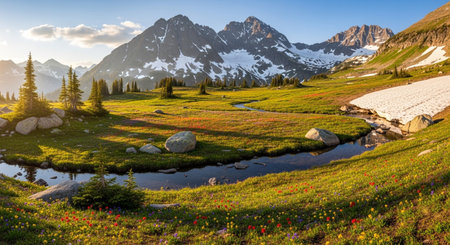 Panorama of alpine meadow with blooming multicolored crocus flowers and snow-capped mountains in backgroundの素材