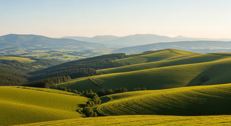 Beautiful Tuscany landscape with green hills and blue sky.の素材