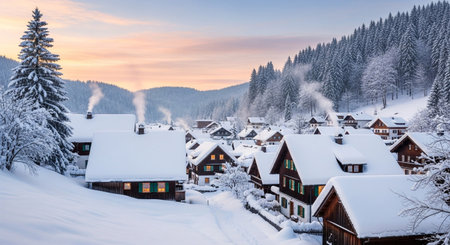 Beautiful winter landscape in the mountains. Wooden houses in the village.の素材