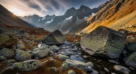 Mountain landscape with a river and stones in the foreground, Russiaの素材