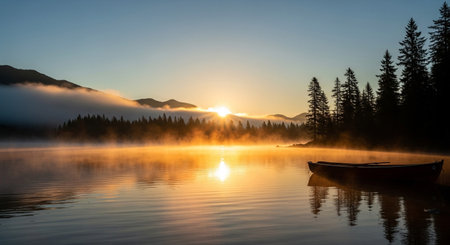 Sunrise over a lake with a boat and trees in the foregroundの素材