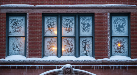 A row of windows covered with snow in a red brick building.の素材
