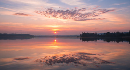 Beautiful sunset over the lake with clouds reflected in the water.の素材