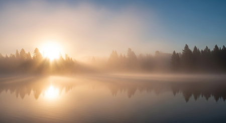 Foggy morning on the lake. Beautiful landscape with fog on the lake.の素材