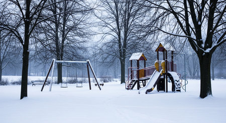 Playground in the park during a snowfall. Winter landscape.の素材