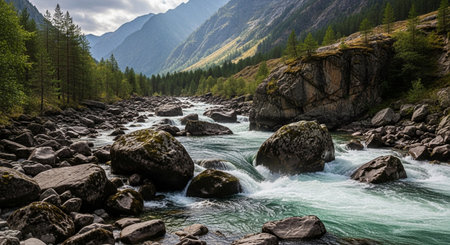 Mountain river in the Altai mountains, Russia. Panoramaの素材