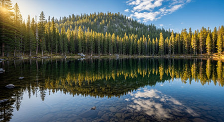 Mountain lake with reflection of trees and clouds in the water.の素材