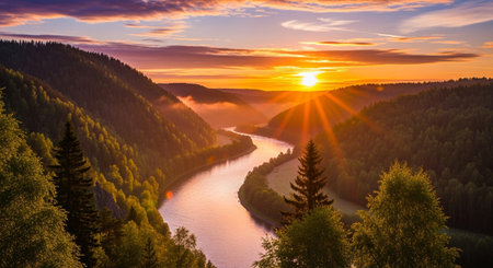 Sunset over the river in the Carpathian mountains, Ukraineの素材